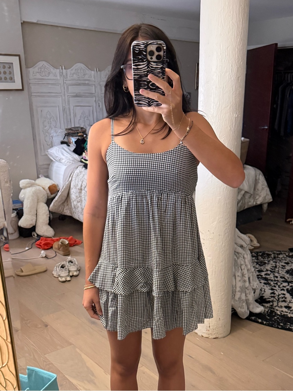 SO Black and White Gingham Spaghetti Strap Tiered Mini Dress